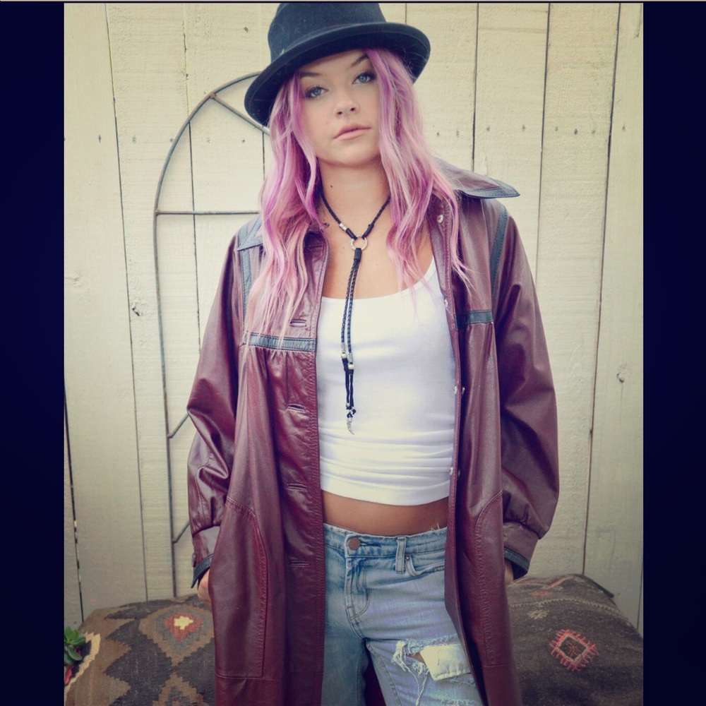 Vintage long maroon leather vintage jacket